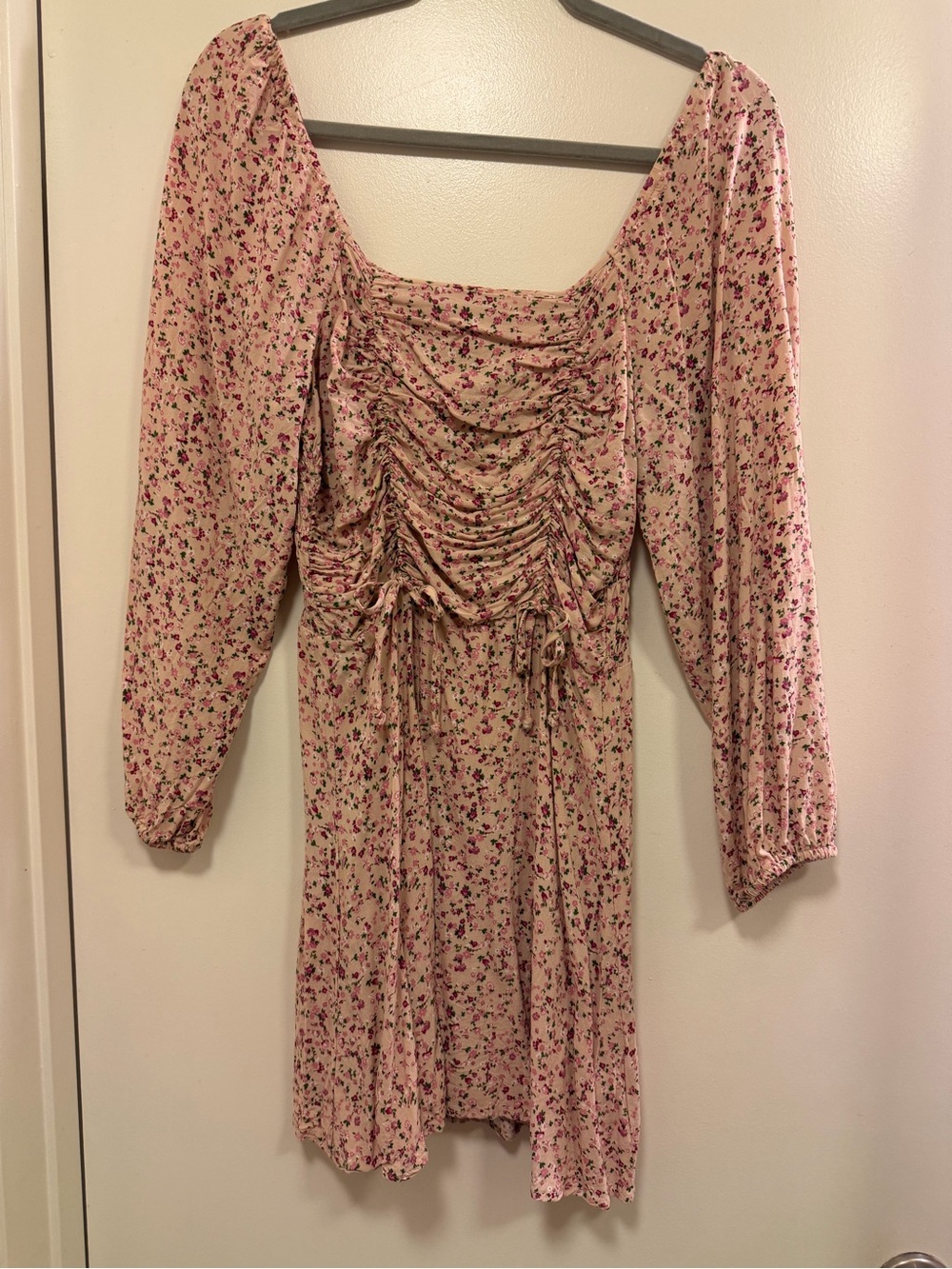 Ruched Square-Neck Pink Floral Mini Prairie Dress